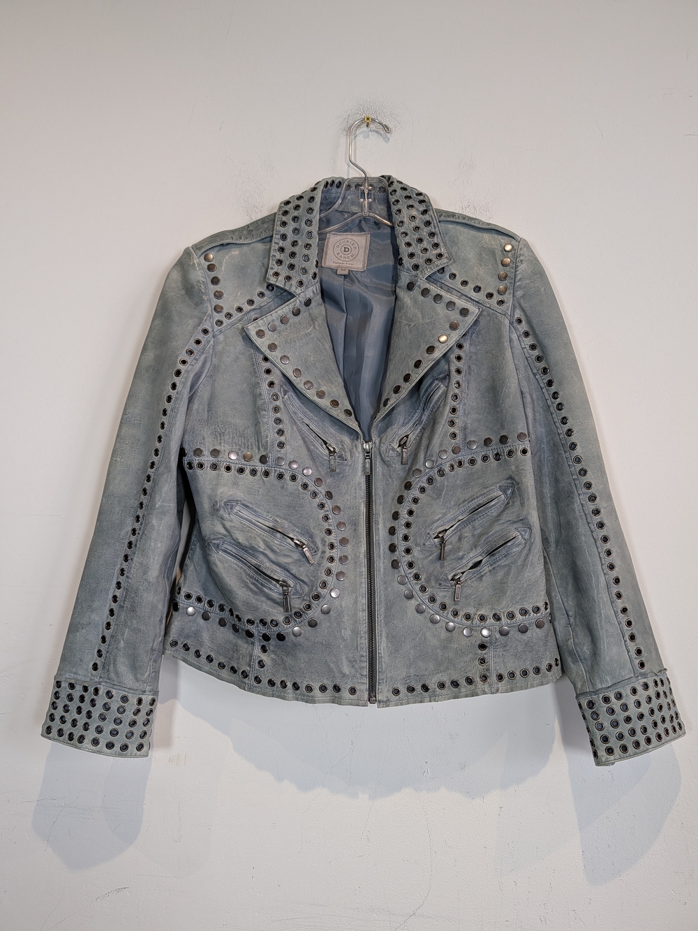 Double D Ranch Gray Green Studded Leather Moto Jacket, Size M